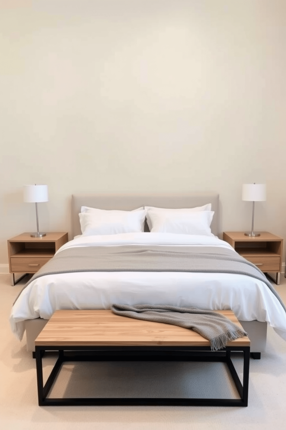 A serene minimalist bedroom featuring a large bed with crisp white linens and a soft gray throw blanket. At the foot of the bed, a simple wooden bench adds a touch of warmth and functionality to the space. The walls are painted in a soft beige, creating a calming atmosphere. A pair of minimalist bedside tables with sleek lamps flank the bed, enhancing the clean lines of the design.