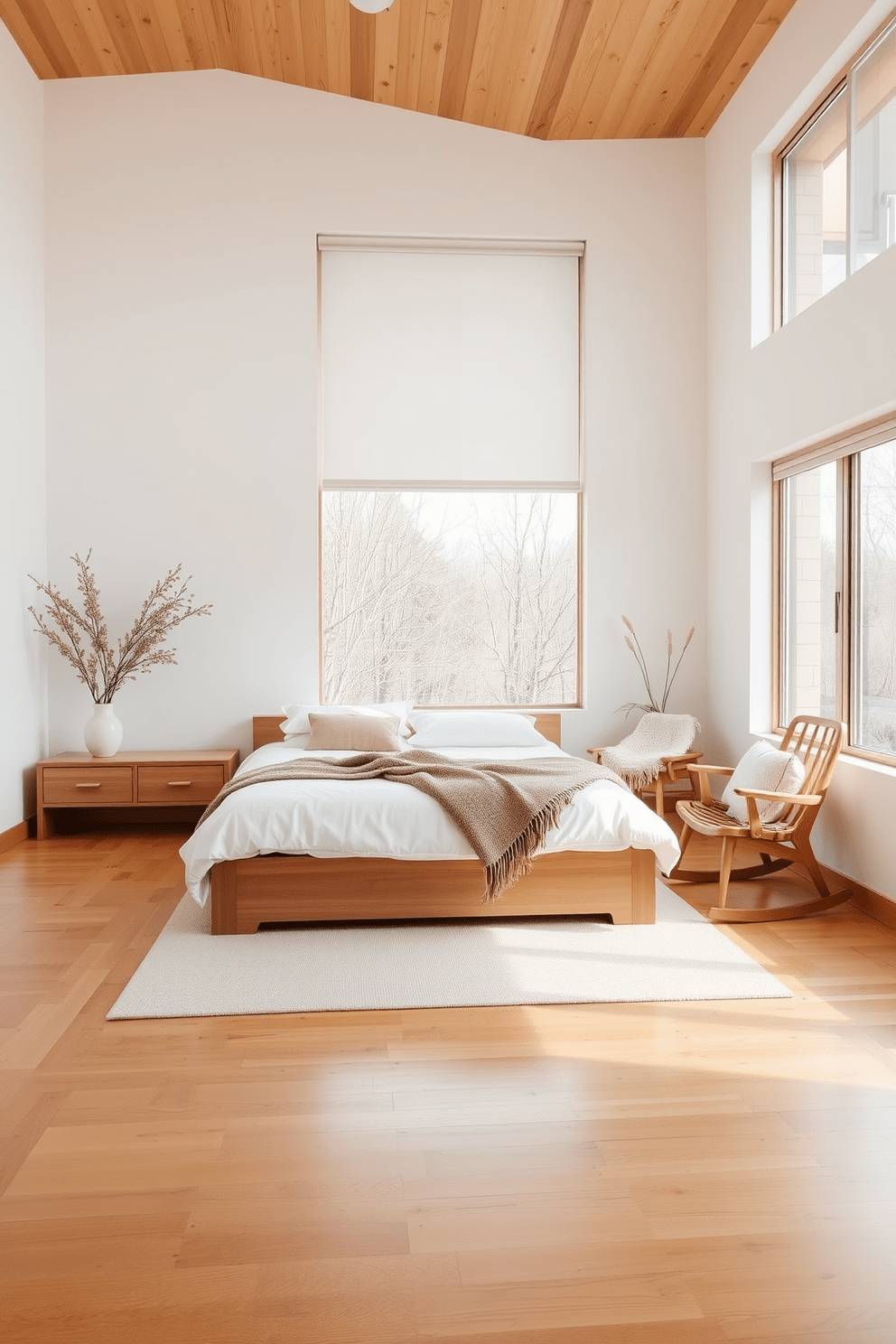 A minimalist bedroom featuring natural wood accents for warmth and texture. The bed is low-profile with a simple white duvet, and wooden nightstands flank each side. Large windows allow natural light to flood the room, highlighting the warm tones of the wooden flooring. A cozy reading nook with a wooden chair and soft throw blankets adds an inviting touch to the serene space.