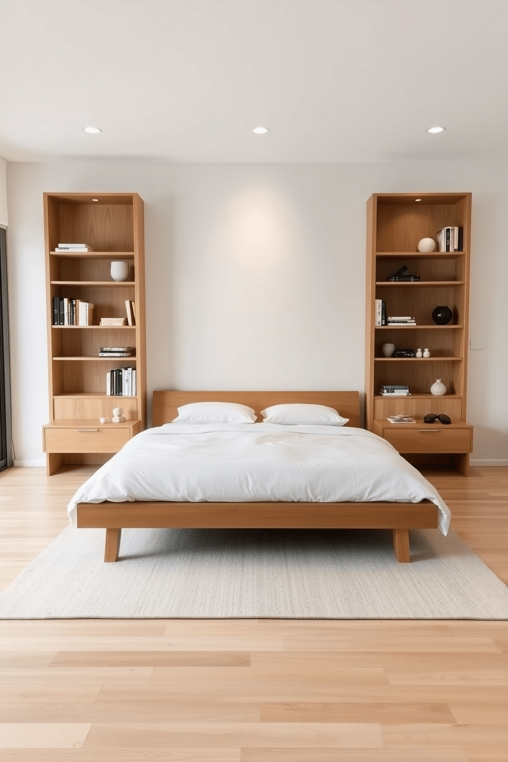 A serene minimalist bedroom featuring open storage solutions for visibility. The bed is positioned against a light-colored wall, with a simple wooden frame and crisp white linens. On either side of the bed, there are open shelving units displaying neatly arranged books and decorative items. A soft area rug in neutral tones lies beneath the bed, complementing the light wooden flooring.