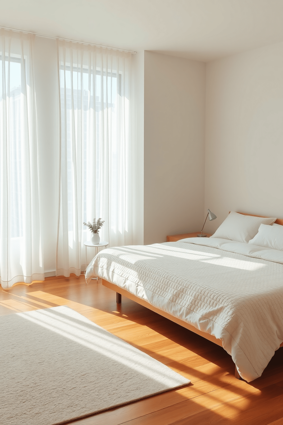 A serene minimalist bedroom design featuring a low-profile bed with a soft, textured duvet and plush pillows. Natural light floods the room through sheer curtains, highlighting the warm wooden floor and a cozy area rug. A simple bedside table holds a sleek lamp and a small potted plant, adding a touch of greenery to the space. The walls are painted in a calming neutral tone, creating a tranquil atmosphere perfect for relaxation.