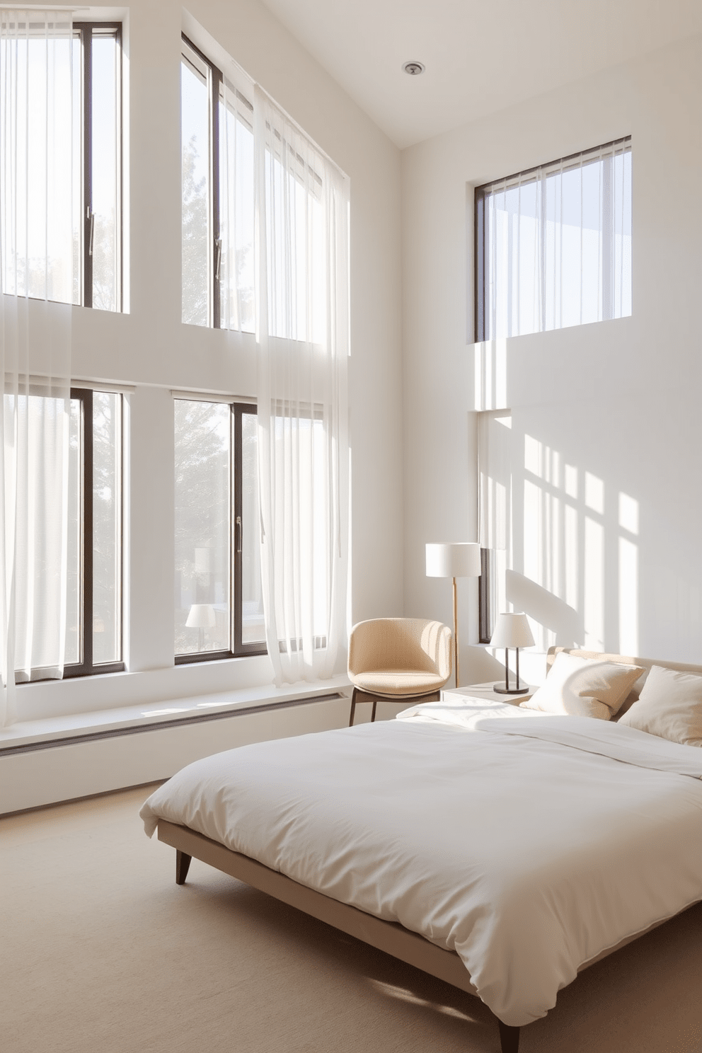 A minimalist bedroom design that maximizes natural light features large windows adorned with sheer curtains allowing soft light to filter in. The room includes a low-profile bed with a simple frame, complemented by neutral bedding and a few carefully chosen decorative pillows. The walls are painted in a soft white hue, creating an airy atmosphere. A sleek nightstand holds a minimalist lamp, while a cozy reading nook is created with a comfortable chair and a small bookshelf in the corner.