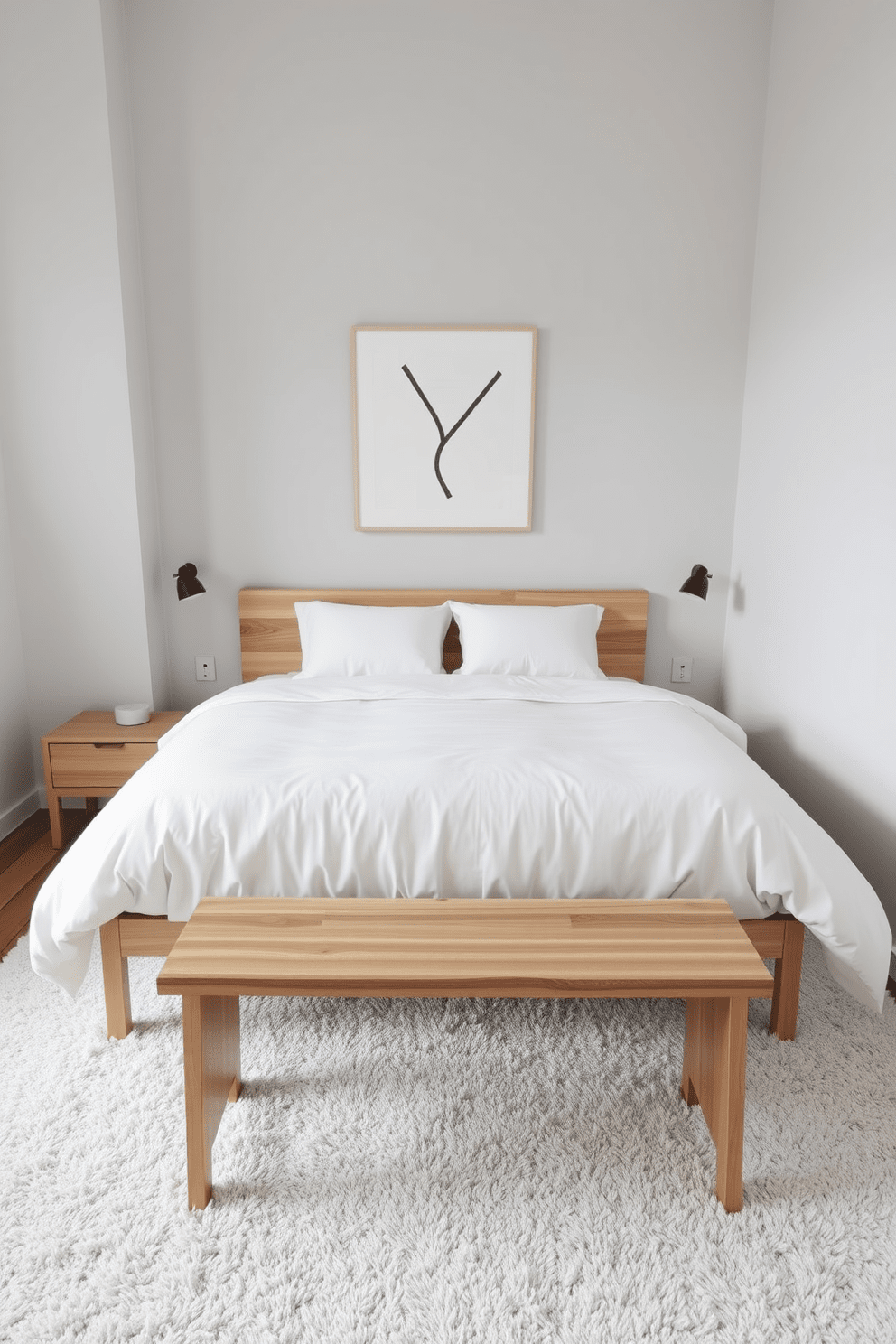 A serene minimalist bedroom featuring a large bed with a simple white duvet and two matching pillows. A piece of minimalist artwork hangs above the bed, showcasing a monochrome abstract design that draws the eye. The room is adorned with natural wood accents, including a sleek bedside table and a small wooden bench at the foot of the bed. Soft, neutral tones dominate the space, with light gray walls and a plush area rug that adds warmth underfoot.