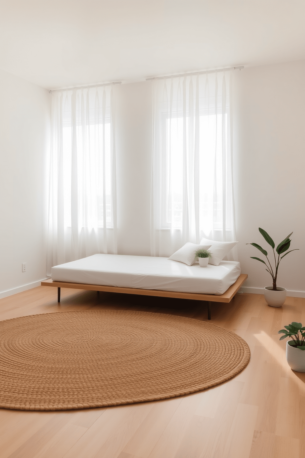 A serene minimalist bedroom featuring a low-profile platform bed with crisp white linens. Soft natural light filters through sheer curtains, illuminating a small bedside table with a simple lamp and a few carefully placed houseplants. The walls are painted in a soft neutral tone, creating a calming atmosphere. A woven rug adds texture to the light wood floor, while a small potted plant sits in the corner, bringing a touch of greenery into the space.