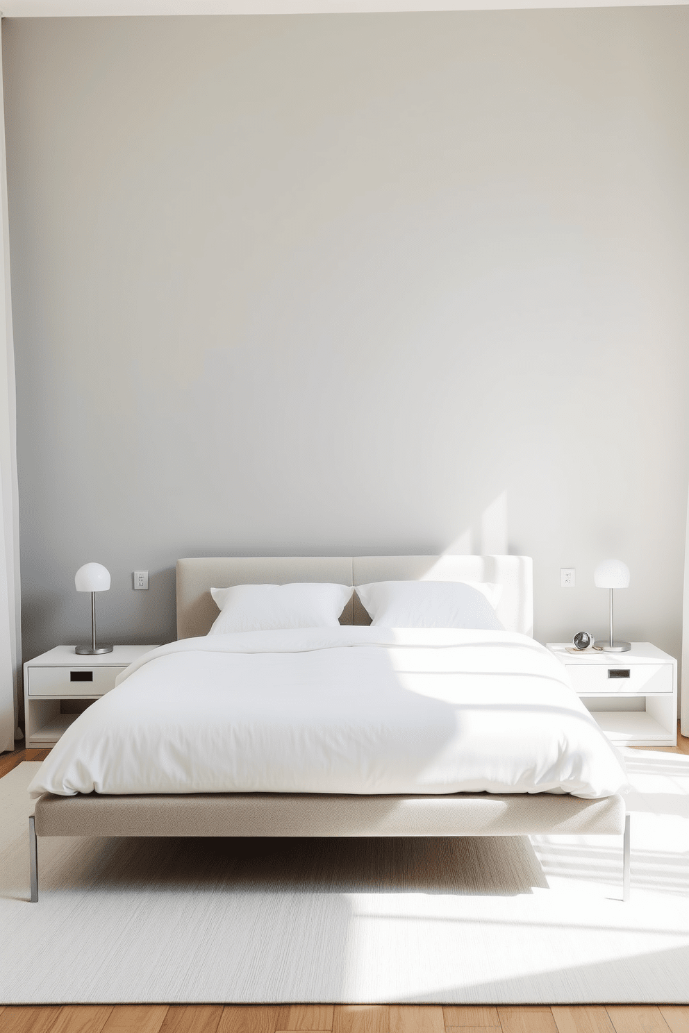 A serene minimalist bedroom featuring a low-profile platform bed with a simple white duvet and matching pillows. The walls are painted in a soft gray hue, and natural light floods the room through sheer curtains, creating a calm atmosphere. A pair of sleek nightstands with clean lines sits on either side of the bed, adorned with modern table lamps. The floor is covered with a light-colored area rug, adding warmth to the space while maintaining the minimalist aesthetic.