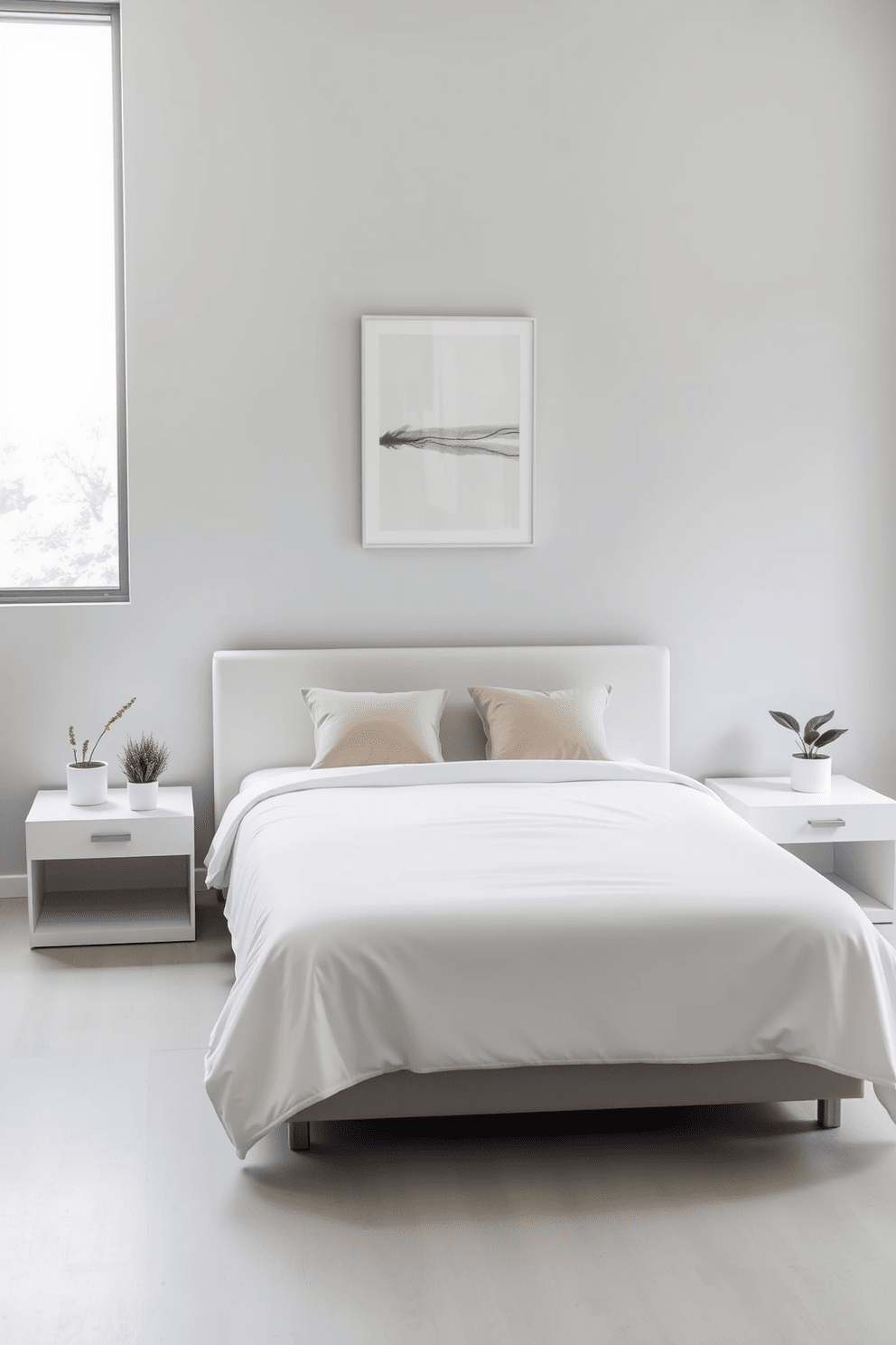 A minimalist bedroom design featuring a low-profile bed with a simple white duvet and a pair of neutral-colored pillows. On either side of the bed, there are sleek nightstands with a single decorative plant on each, creating a serene and uncluttered atmosphere. The walls are painted in a soft gray tone, enhancing the sense of calm. A large window allows natural light to flood the room, and a single piece of abstract art hangs above the bed, adding a touch of sophistication without overwhelming the space.