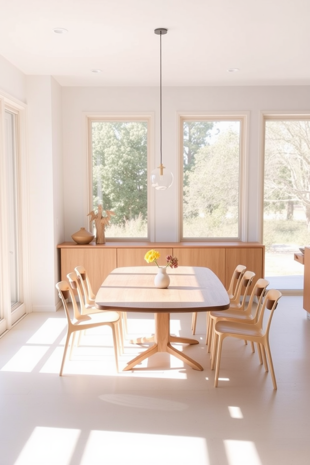 A minimalist dining room features a light wood table surrounded by simple, elegant chairs. The space is bright and airy, with large windows allowing natural light to flood in, highlighting the clean lines and uncluttered design.