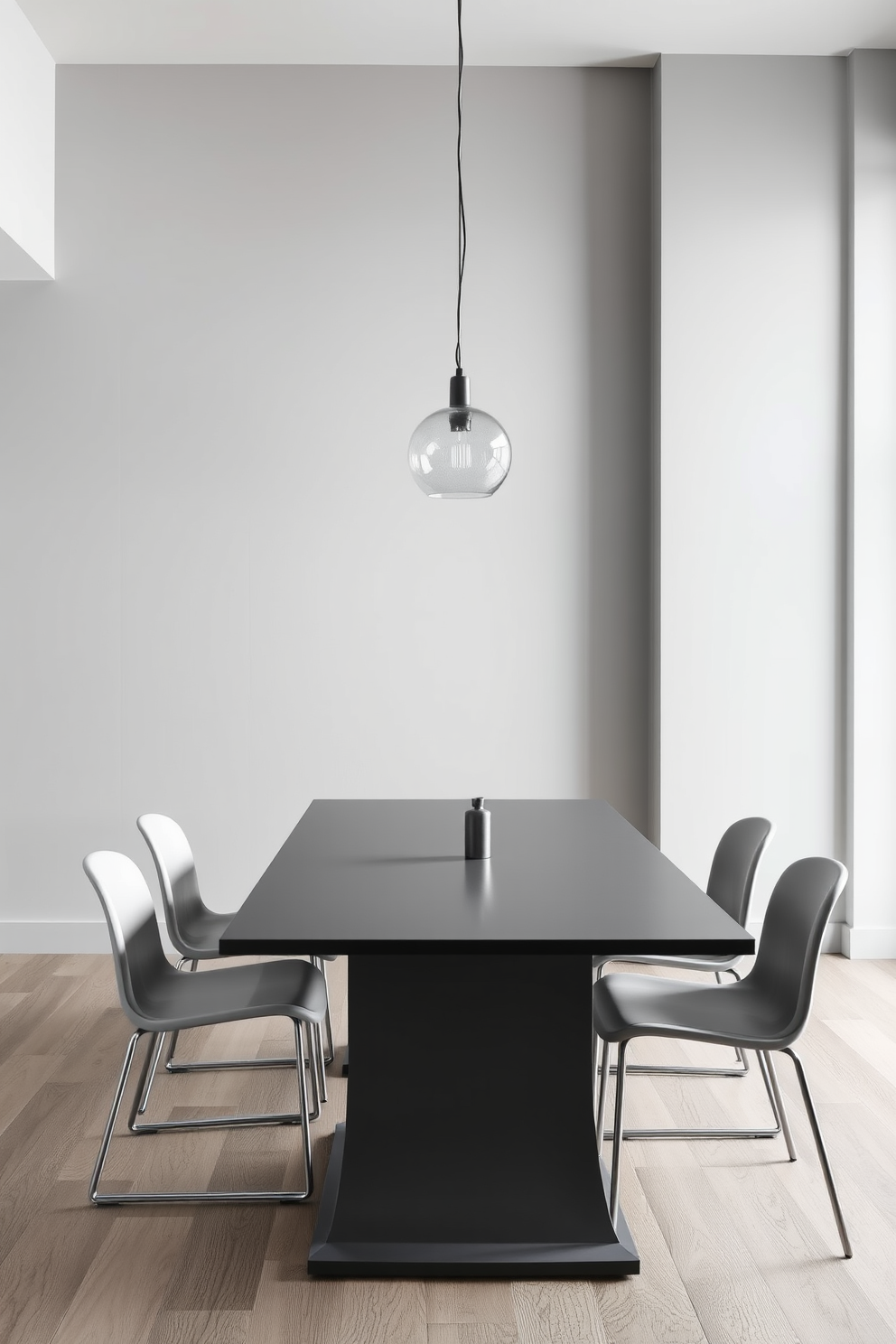 A minimalist dining room featuring a monochromatic color scheme with shades of gray. The dining table is sleek and rectangular, accompanied by simple, modern chairs that blend seamlessly into the space. The walls are painted in a soft gray, creating a serene backdrop for the room. A statement pendant light hangs above the table, adding a touch of sophistication without overwhelming the design.