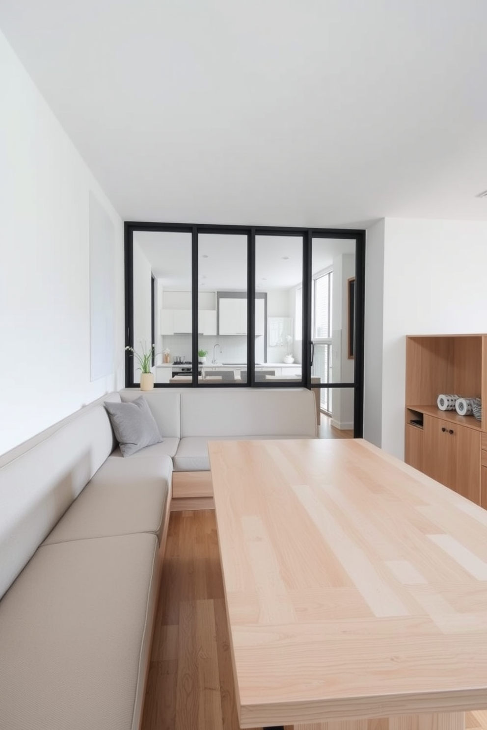 A minimalist dining room features built-in seating along one wall, maximizing space while providing a cozy dining experience. The seating is upholstered in a neutral fabric, complemented by a sleek, rectangular dining table made of light wood, creating a harmonious and open atmosphere.