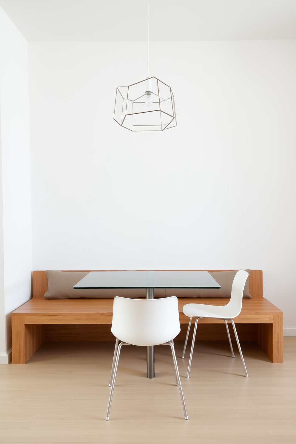 A sleek dining bench is positioned against a wall, featuring a streamlined design in natural wood with soft cushioning. A simple dining table made of glass sits in front, surrounded by a few minimalist chairs, creating an inviting space for casual dining. The walls are painted in a soft white, enhancing the airy feel of the room. A pendant light with a clean, geometric shape hangs above the table, adding a touch of modern elegance to the minimalist dining area.