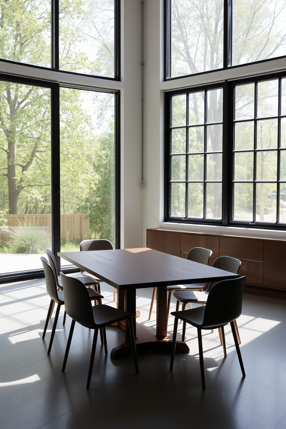 A minimalist dining room featuring large windows that allow natural light to flood the space. The room is adorned with a sleek wooden dining table surrounded by simple yet elegant chairs, creating a calm and inviting atmosphere.