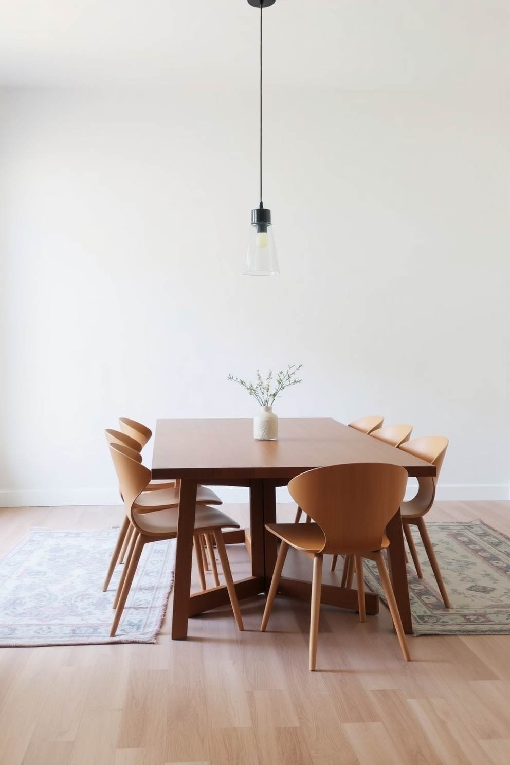 A minimalist dining room features a sleek wooden table surrounded by simple, modern chairs. On the floor, subtle patterned rugs add warmth and texture, creating a cozy atmosphere. The walls are painted in a soft neutral tone, enhancing the airy feel of the space. A statement pendant light hangs above the table, providing a focal point while maintaining the room's clean lines.