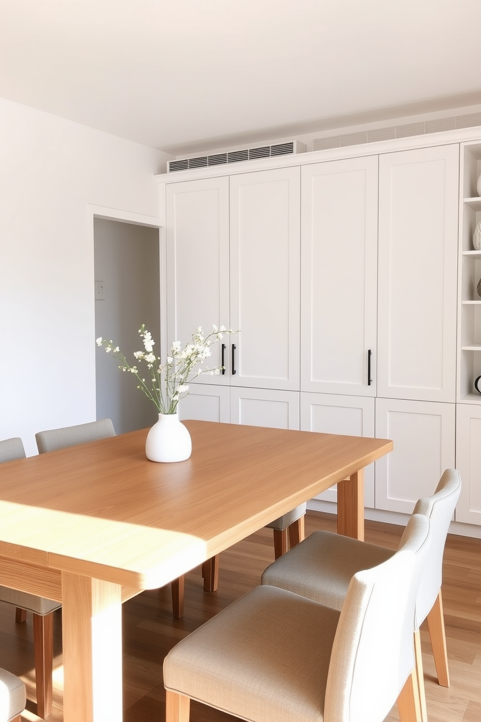 A minimalist dining room featuring a sleek wooden table with clean lines and a natural finish. Surrounding the table are simple upholstered chairs in a neutral color, creating an inviting yet uncluttered atmosphere. Functional storage is seamlessly integrated into the design with built-in cabinetry along one wall. The cabinetry is finished in a soft white, providing ample space for dining essentials while maintaining a streamlined look.