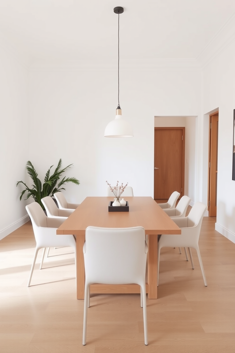 A minimalist dining room featuring sleek dining chairs with clean lines. The chairs are upholstered in a soft neutral fabric, complementing a simple wooden dining table that sits in the center of the room. The walls are painted in a crisp white, enhancing the airy feel of the space. A single pendant light hangs above the table, providing a warm glow and creating an inviting atmosphere.