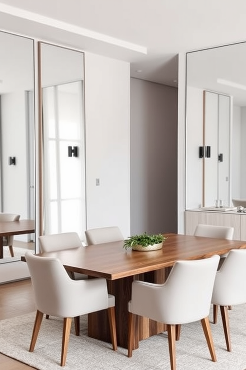 A minimalist dining room featuring a sleek wooden table with clean lines surrounded by upholstered chairs in neutral tones. Large mirrors are strategically placed on the walls to enhance the sense of space and reflect natural light, creating an airy atmosphere. The room is adorned with subtle decor elements such as a simple centerpiece and soft lighting fixtures that add warmth without clutter. A soft color palette of whites and grays complements the minimalist aesthetic, ensuring a calm and inviting dining experience.