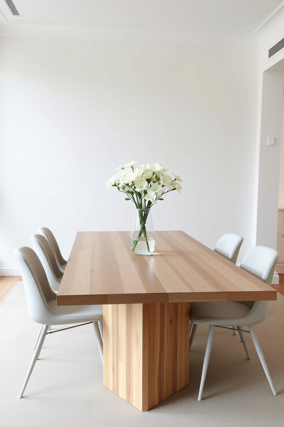 A minimalist dining room features a sleek wooden table with clean lines and a light finish. The centerpiece consists of a single elegant vase filled with fresh white flowers, enhancing the simplicity of the space. Soft, neutral tones dominate the room, with white walls and light gray accents. A set of modern dining chairs surrounds the table, complementing the understated decor and creating a serene atmosphere.