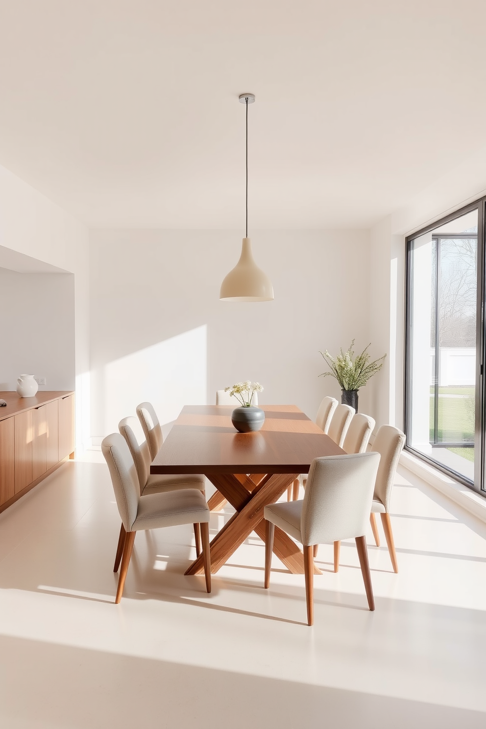 A minimalist dining room features a sleek wooden table surrounded by simple, upholstered chairs in soft beige. The walls are painted in a light cream shade, enhancing the overall calming ambiance of the space. Natural light floods in through large windows, illuminating the room's clean lines and uncluttered surfaces. A single statement pendant light hangs above the table, providing a focal point without overwhelming the serene atmosphere.