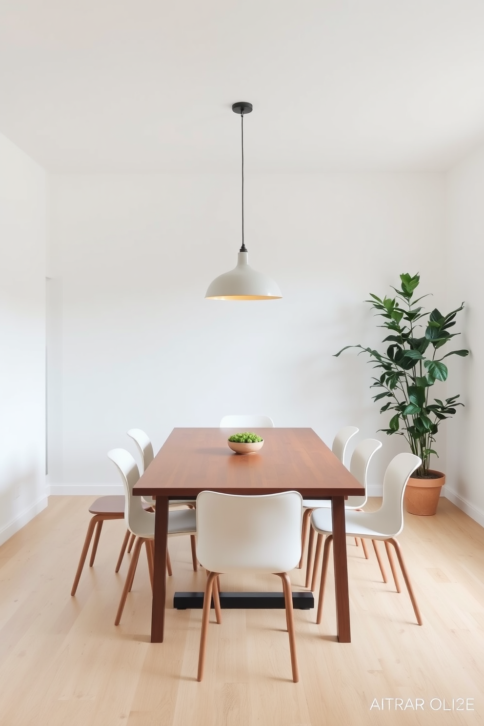 A minimalist dining room with a sleek wooden table surrounded by simple, elegant chairs. The walls are painted in a soft white hue, and a single statement pendant light hangs above the table, creating a warm ambiance. A large potted plant sits in the corner, adding a touch of greenery without overwhelming the space. The floor is made of light hardwood, enhancing the room's airy and open feel.