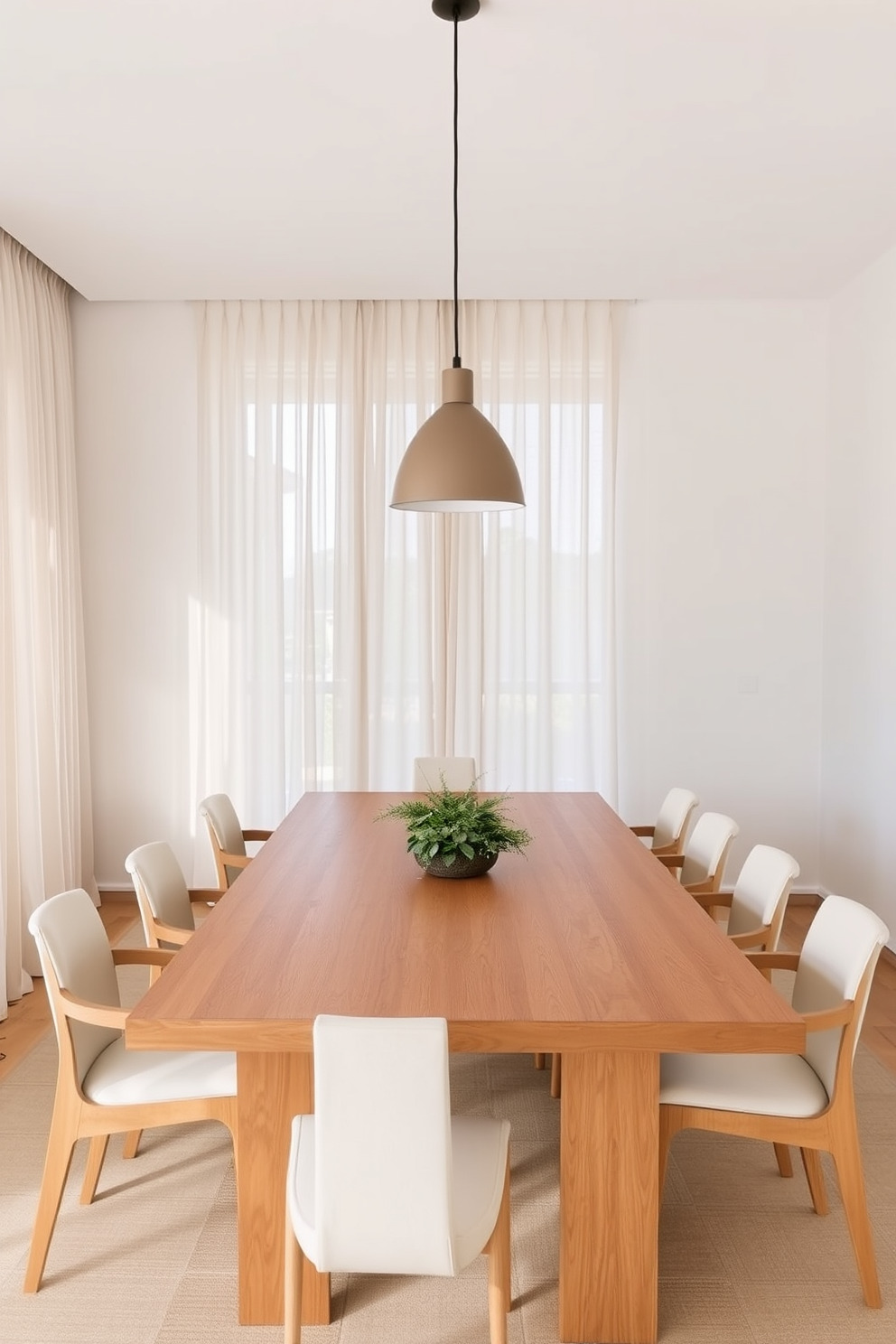 A minimalist dining room features a large wooden table with clean lines surrounded by simple, elegant chairs. The space is enhanced by neutral curtains that gently filter soft light, creating a warm and inviting atmosphere. The walls are painted in a light, neutral tone, and a single statement pendant light hangs above the table. A subtle centerpiece of greenery adds a touch of nature without overwhelming the minimalist aesthetic.