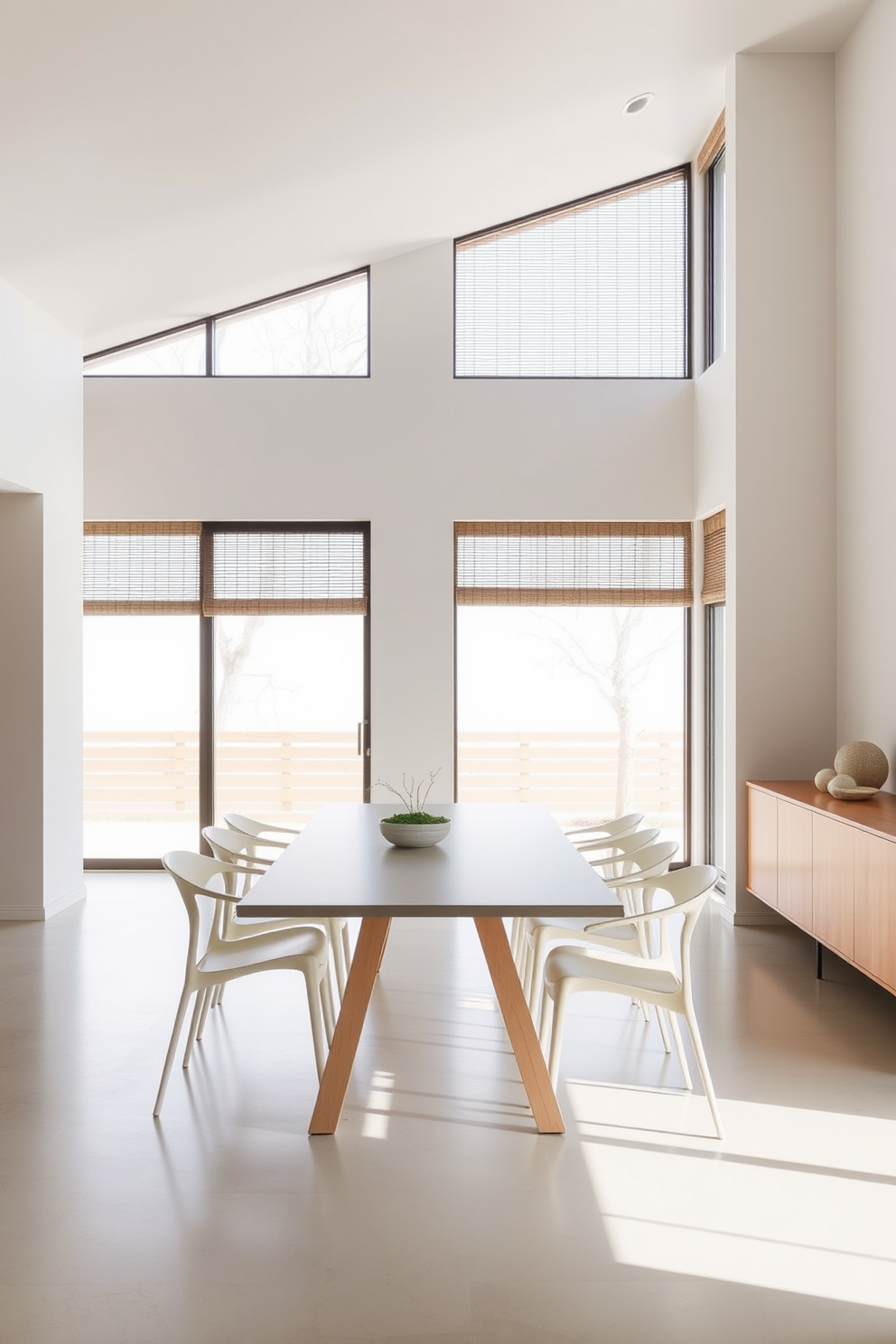 A minimalist dining room features low-profile furniture that enhances the airy atmosphere. The table is sleek and simple, surrounded by lightweight chairs that create an open and inviting space. Natural light floods the room through large windows, highlighting the clean lines and neutral color palette. A single centerpiece, such as a small plant or a decorative bowl, adds a touch of warmth without overwhelming the design.