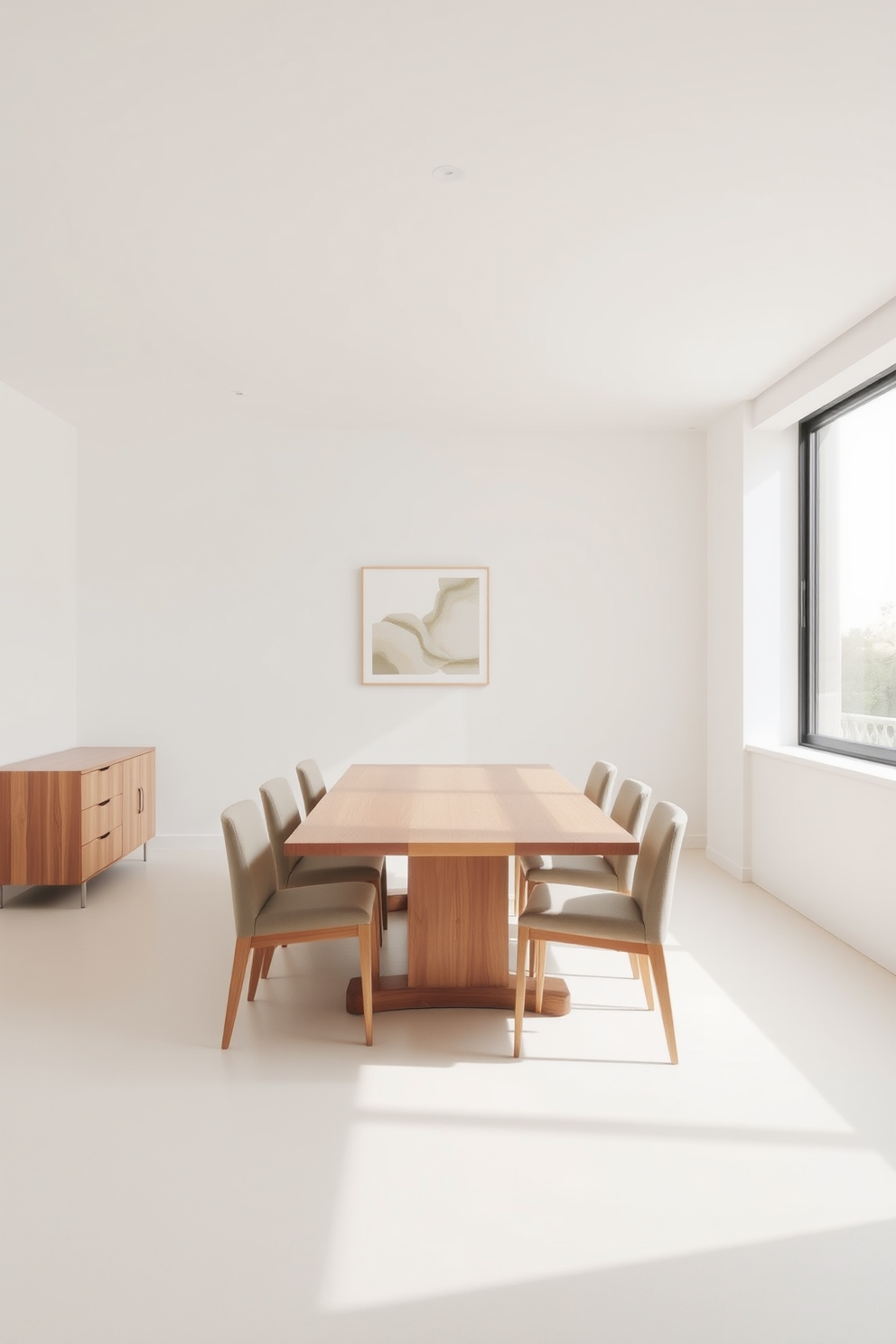 A minimalist dining room features a sleek, rectangular table made of light wood, surrounded by simple, upholstered chairs in a neutral color. The room is designed to emphasize negative space, with a large window allowing natural light to flood in, creating an airy and open atmosphere. On one side of the room, a low-profile sideboard in a matching wood finish provides subtle storage without overwhelming the space. The walls are painted in a soft white, and a single piece of abstract art hangs above the sideboard, drawing the eye without cluttering the overall aesthetic.