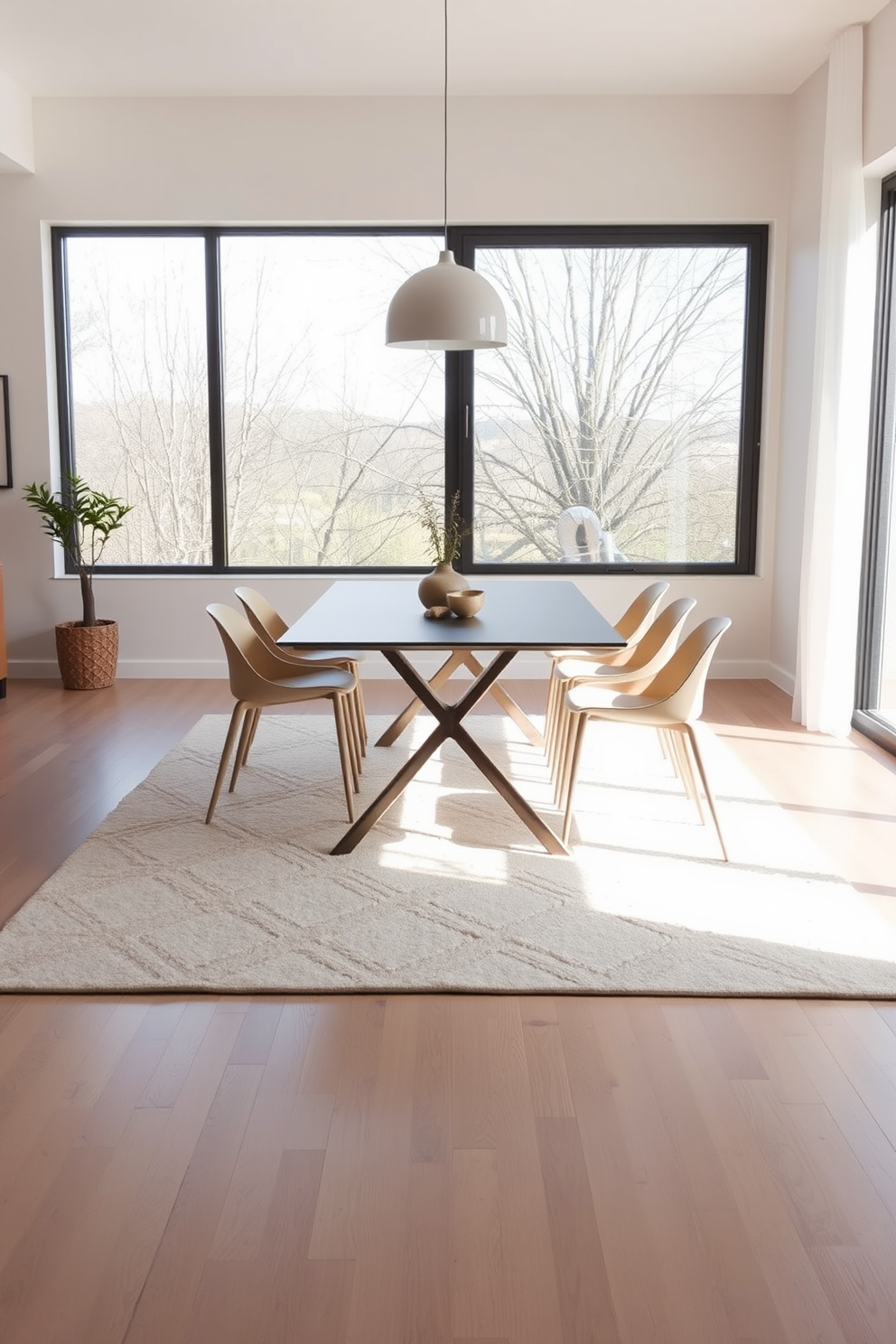 A minimalist dining area is defined by a soft area rug that anchors the space. The dining table is sleek and rectangular, surrounded by simple, modern chairs in neutral tones. Natural light floods the room through large windows, highlighting the clean lines and uncluttered surfaces. A single pendant light hangs above the table, providing a warm glow for evening meals.