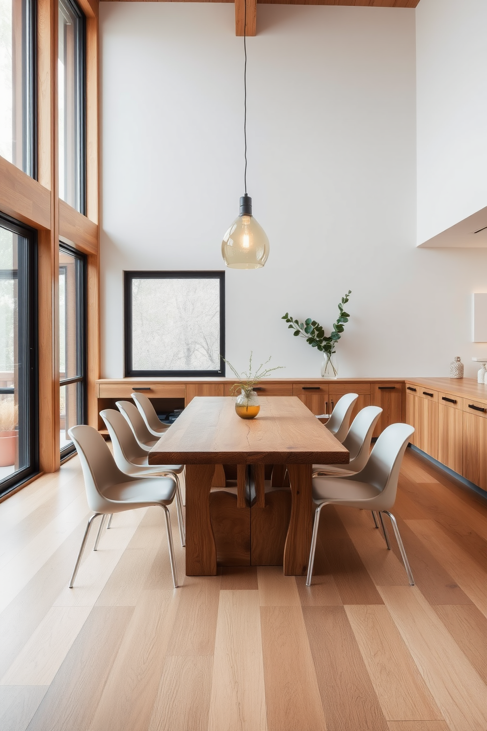 A minimalist dining room featuring natural wood accents that create a warm and inviting atmosphere. The table is a simple design made of reclaimed wood, surrounded by sleek, modern chairs in soft neutral tones. Large windows allow natural light to flood the space, highlighting the organic textures of the wood. A single statement pendant light hangs above the table, adding an elegant touch without overwhelming the simplicity of the design.