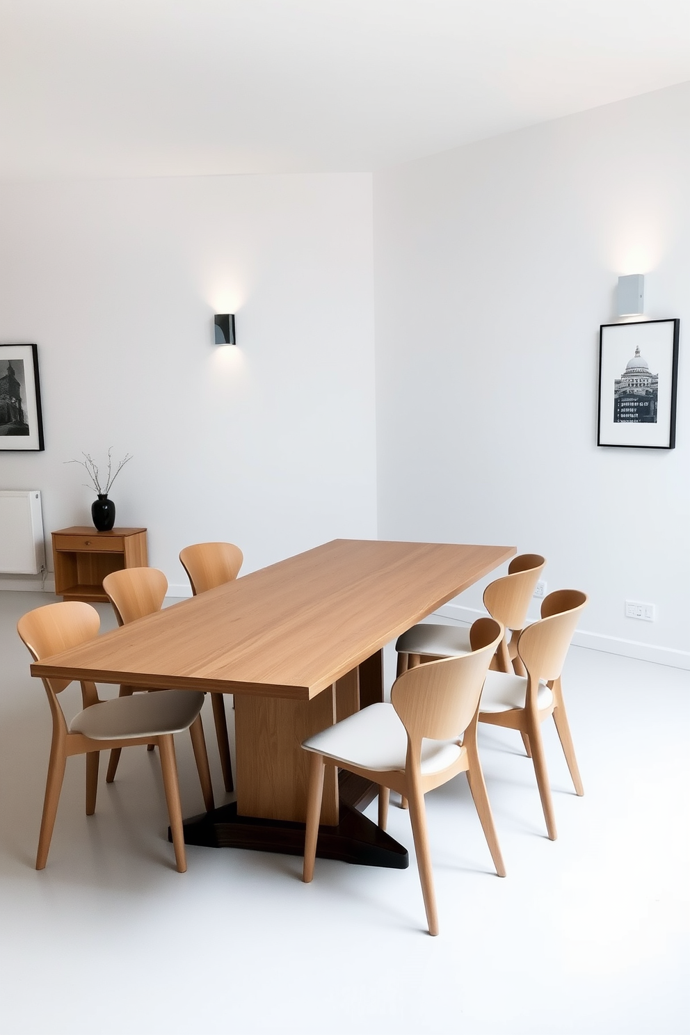 A minimalist dining room features a sleek wooden table surrounded by simple, modern chairs. The walls are adorned with subtle artwork, and the color palette is a calming mix of whites and light grays. Simple wall-mounted lighting fixtures provide efficient illumination while maintaining a clean aesthetic. The overall design emphasizes functionality and elegance, creating a serene dining atmosphere.