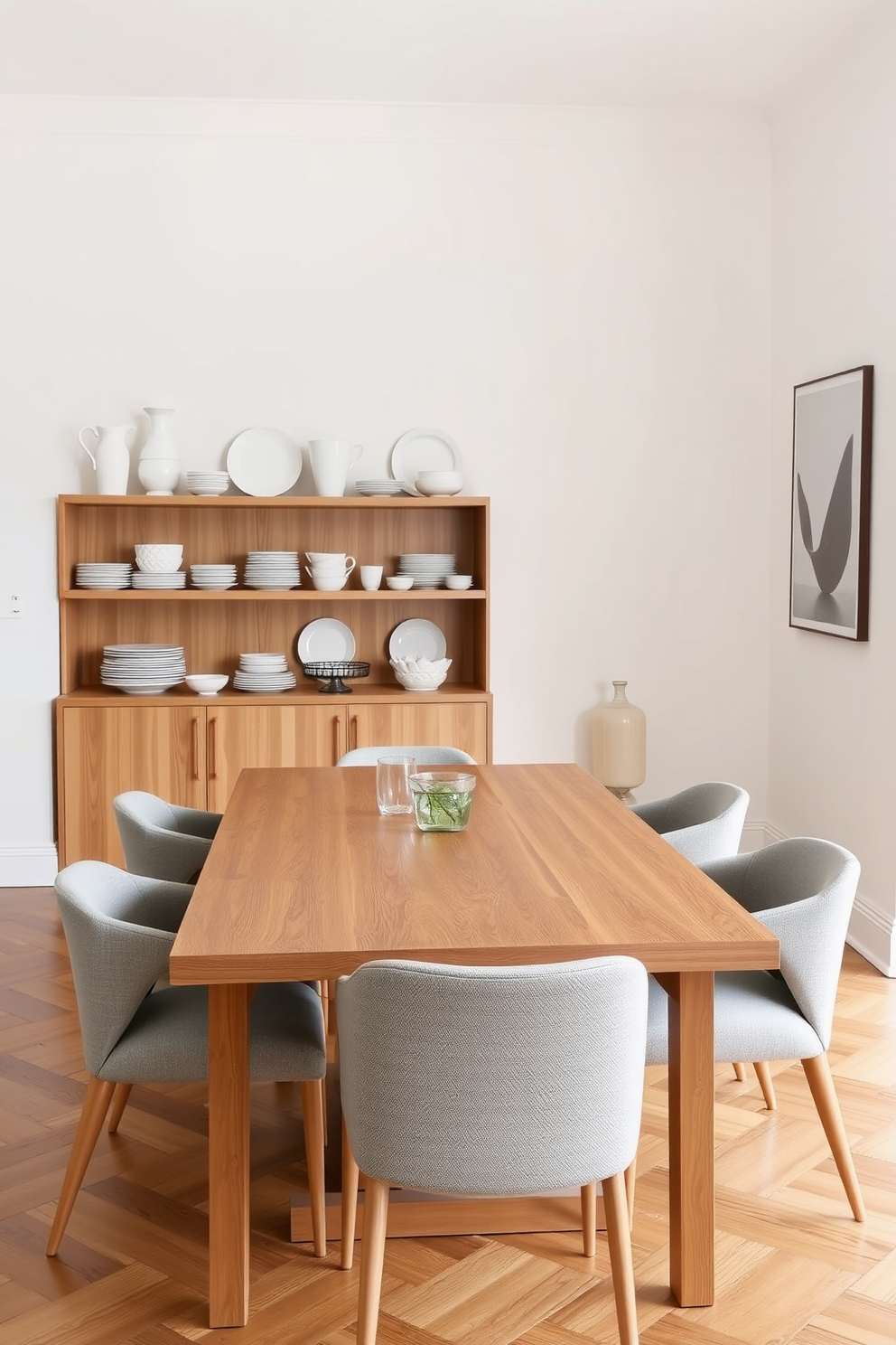 A minimalist dining room features an elegant wooden table with sleek lines and a natural finish. Surrounding the table are modern chairs upholstered in soft gray fabric, creating a serene and inviting atmosphere. On a nearby shelf, elegant serving pieces are displayed openly, showcasing a collection of white porcelain dishes and glassware. The walls are painted in a soft white tone, enhancing the room's airy feel and allowing the serving pieces to stand out beautifully.