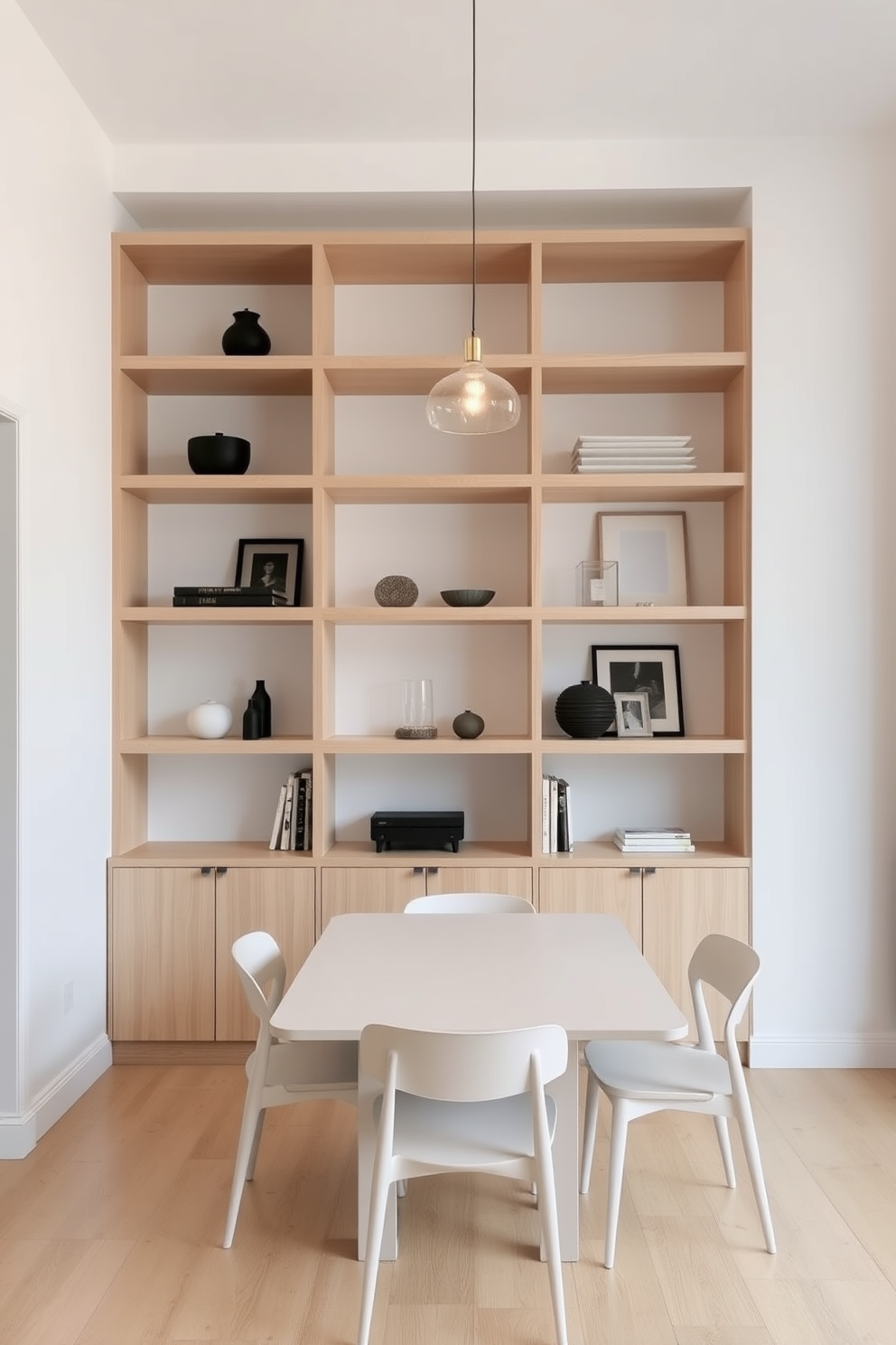 A minimalist dining room features open shelving that elegantly displays curated decor items. The shelves are made of light wood and are positioned against a soft white wall, creating a clean and airy feel. The dining table is a sleek rectangular design with a light finish, surrounded by simple yet stylish chairs. A single pendant light hangs above the table, providing warm illumination and enhancing the minimalist aesthetic.