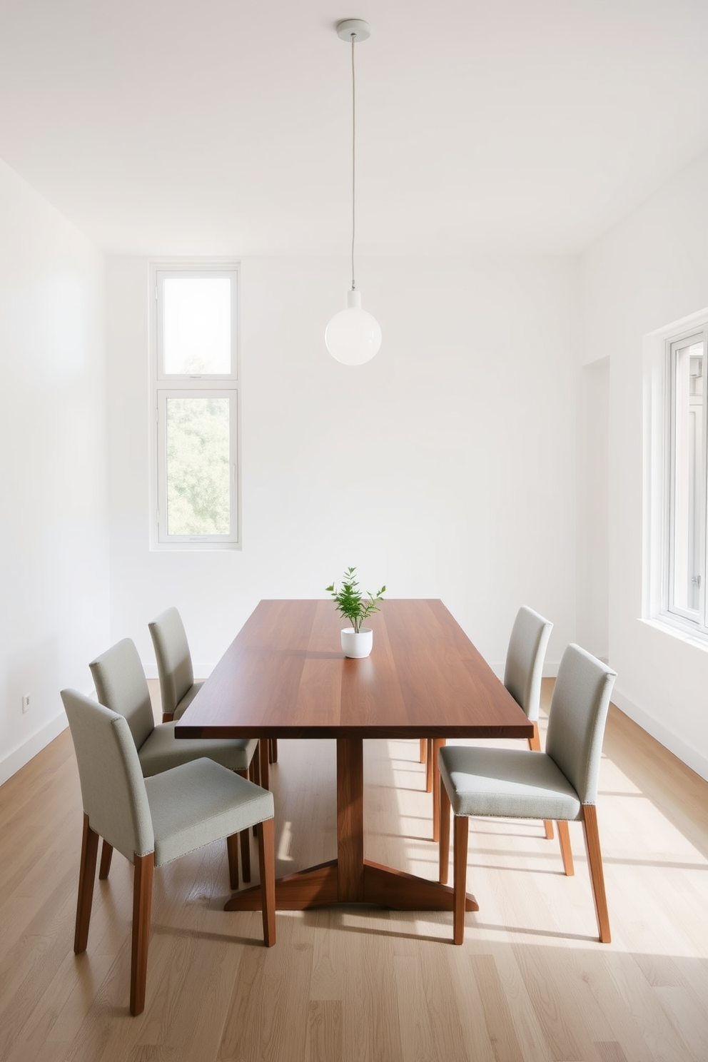 A minimalist dining room features a sleek wooden table with clean lines surrounded by simple upholstered chairs. The walls are painted in a soft white hue, and a single pendant light hangs above the table, providing focused illumination. Natural light floods the space through large windows, enhancing the airy feel of the room. A small potted plant sits on the table as the only decoration, emphasizing the uncluttered aesthetic.