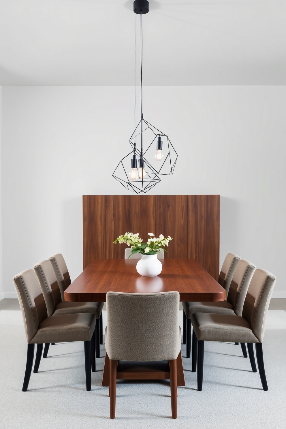 A minimalist dining room features a sleek wooden table surrounded by simple, upholstered chairs in neutral tones. Above the table, geometric pendant lights hang from the ceiling, providing a modern touch with their clean lines and bold shapes.