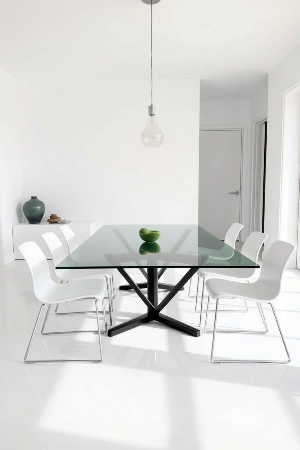 A sleek glass dining table is the centerpiece of a minimalist dining room. Surrounding the table are simple, modern chairs with clean lines, creating an airy and uncluttered atmosphere. The walls are painted in a soft white, allowing natural light to reflect and enhance the feeling of openness. A single statement pendant light hangs above the table, providing a touch of elegance without overwhelming the space.