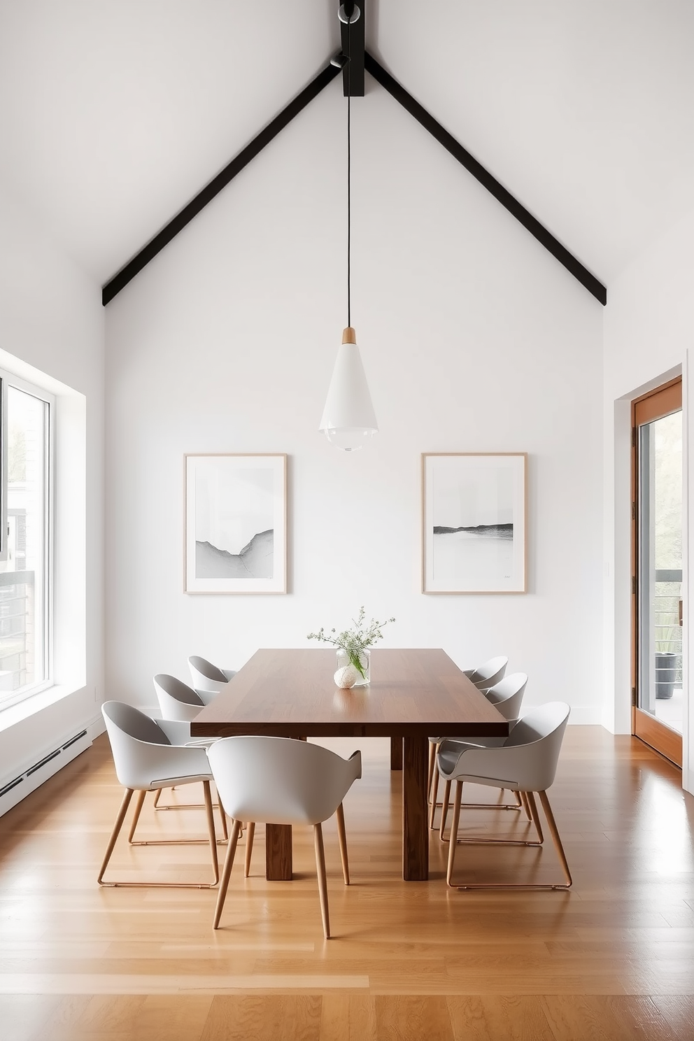 A serene dining room featuring minimalist artwork on clean white walls. The space includes a sleek wooden dining table surrounded by simple, elegant chairs, emphasizing functionality and style. Natural light floods the room through large windows, enhancing the airy atmosphere. A single statement pendant light hangs above the table, adding a touch of sophistication to the minimalist design.