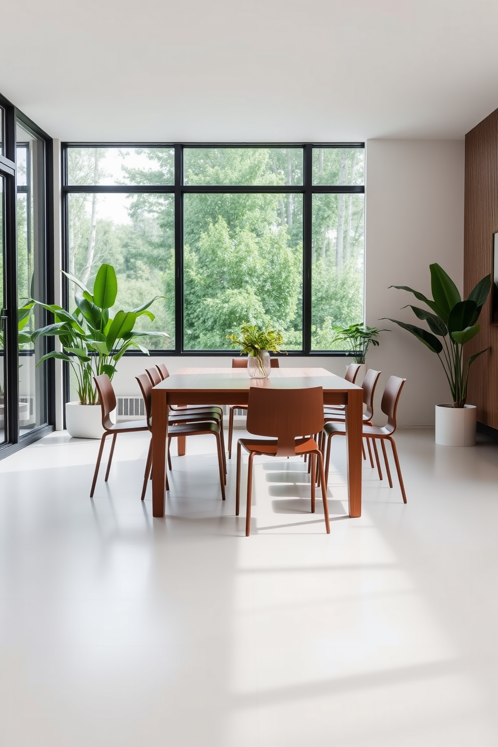 A minimalist dining room featuring a sleek wooden table surrounded by simple yet elegant chairs. Large windows allow natural light to flood the space, enhancing the fresh greenery from potted plants placed strategically around the room.