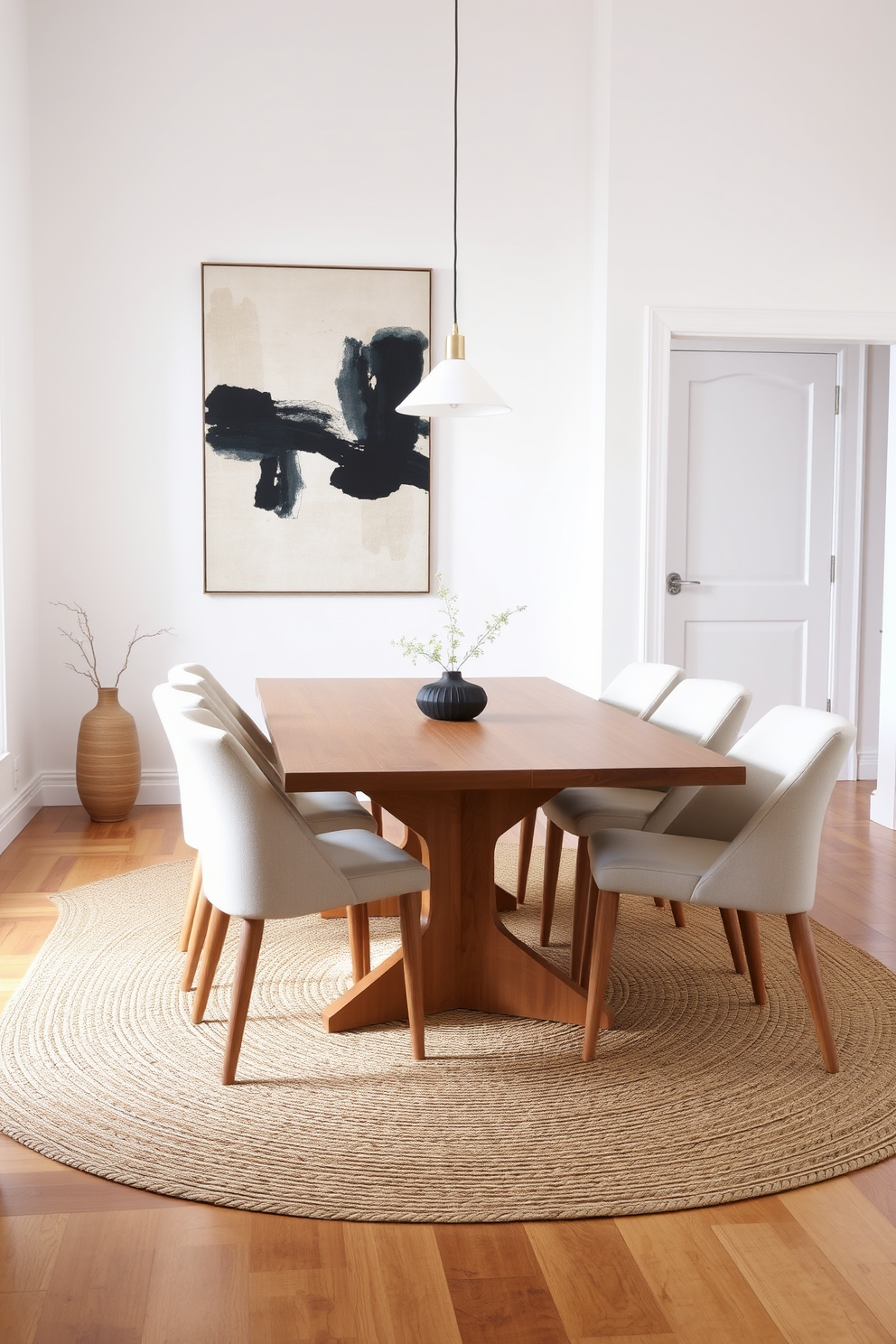 A minimalist dining room features a sleek wooden table with a natural finish surrounded by upholstered chairs in a soft neutral fabric. The walls are painted white, and a large abstract artwork adds a splash of color above the table. The room incorporates a woven jute rug that contrasts with the smooth surface of the wooden floor, creating a warm and inviting atmosphere. A simple pendant light hangs above the table, providing soft illumination and enhancing the room's understated elegance.