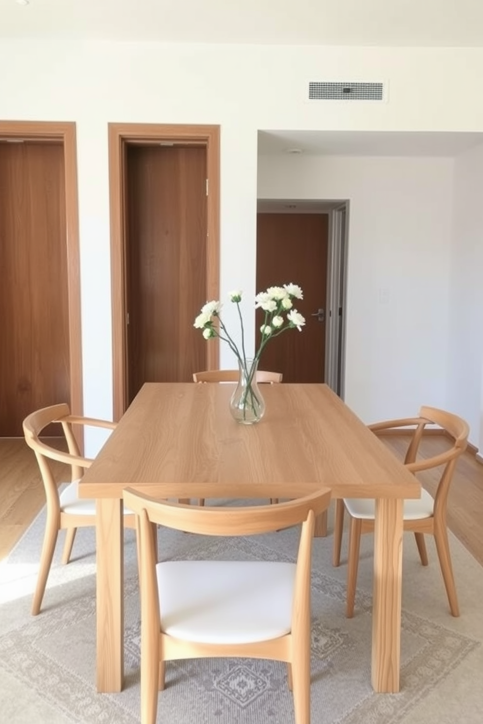 A minimalist dining room features a sleek wooden table with a light finish and matching chairs that emphasize simplicity. The table is set with a single elegant vase holding fresh flowers, creating a focal point without clutter. The walls are painted in a soft white hue, enhancing the airy feel of the space. A subtle area rug under the table adds warmth while maintaining a clean aesthetic.