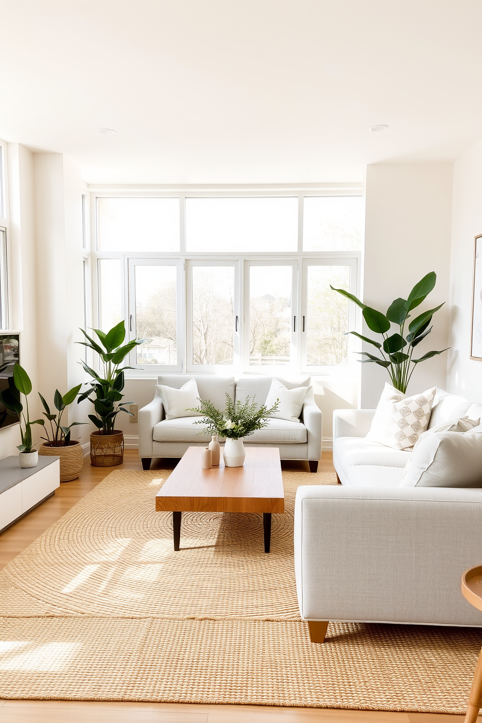 A minimalist family room featuring a neutral color palette with soft beige walls and a light gray sofa. The room is adorned with natural textures, including a woven jute rug and wooden coffee table, creating a warm and inviting atmosphere. Large windows allow natural light to flood the space, highlighting the simplicity of the decor. Accents of greenery from potted plants bring life to the room while maintaining the minimalist aesthetic.