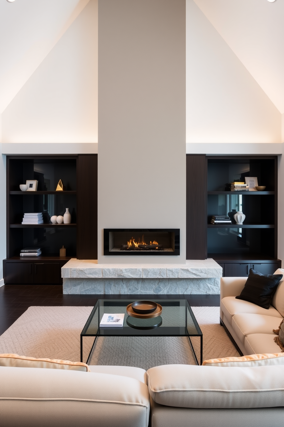 A minimalist family room features a sleek, modern fireplace as the focal point, framed by a simple stone surround. The room is adorned with neutral-colored furniture, including a low-profile sectional sofa and a glass coffee table, creating an inviting atmosphere.