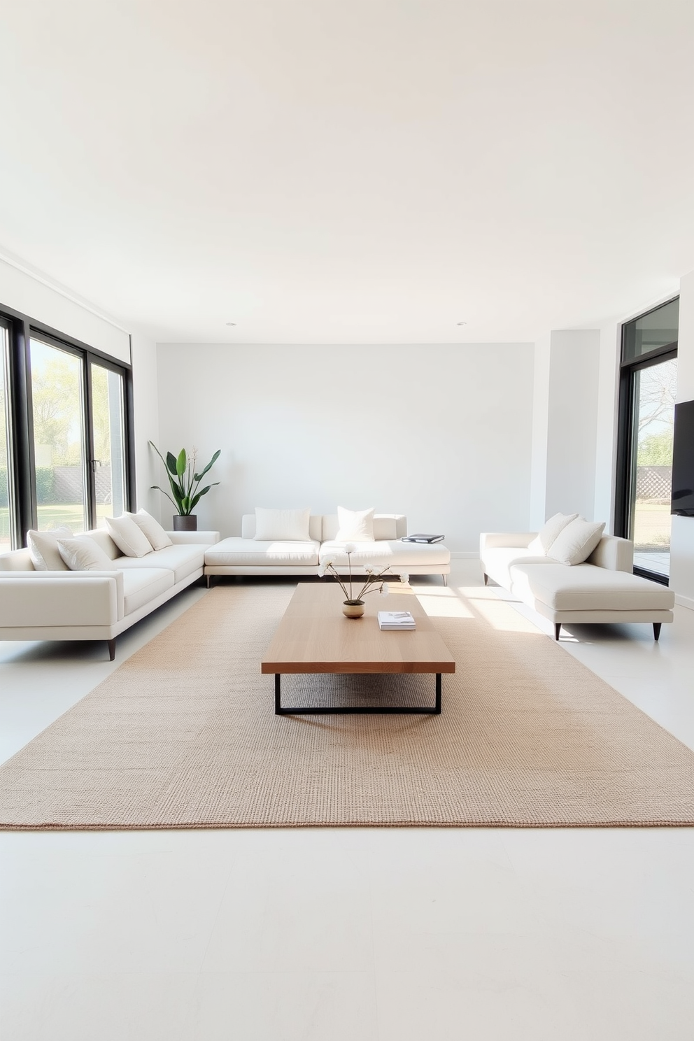 A minimalist family room features a spacious layout with clean lines and a neutral color palette. A large area rug in soft beige anchors the seating area, providing comfort and warmth to the space. The room includes a sleek sectional sofa adorned with simple throw pillows, complemented by a low-profile coffee table made of light wood. Natural light floods in through large windows, enhancing the airy atmosphere and highlighting the minimalist decor.