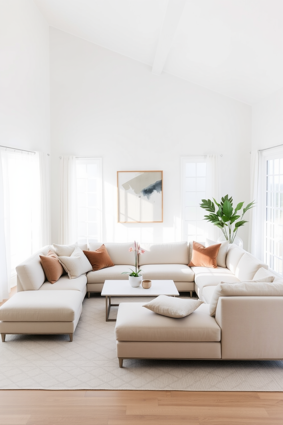 A minimalist family room featuring a large, comfortable sectional sofa in a neutral tone positioned around a simple, low-profile coffee table. The walls are painted in a soft white, and a single piece of abstract art hangs above the sofa, adding a touch of color without overwhelming the space. Natural light floods the room through large windows dressed with sheer curtains, creating an airy atmosphere. A lightweight area rug in a subtle pattern anchors the seating area, while a few carefully chosen decorative pillows add a hint of texture.