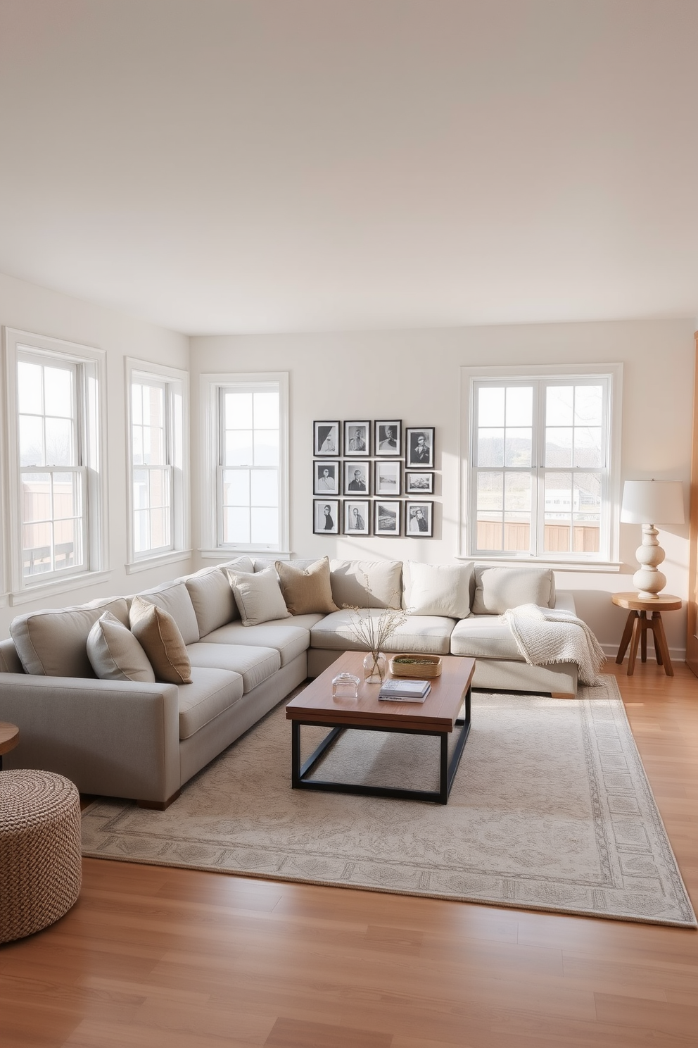 A serene family room designed with soft, muted colors to create a sense of tranquility. The space features a comfortable sectional sofa in light gray, paired with a natural wood coffee table and plush, oversized cushions. Large windows allow natural light to flood the room, highlighting the gentle hues of the area rug beneath. A simple gallery wall displays black and white photographs, adding a personal touch without overwhelming the minimalist aesthetic.