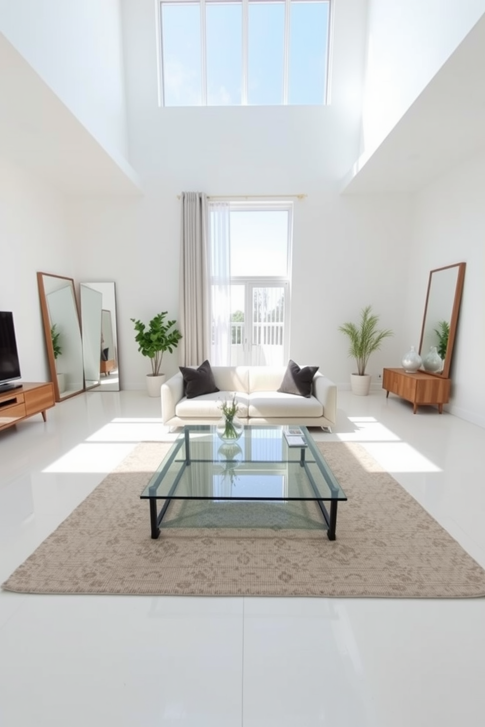 A minimalist family room features a spacious layout with light-colored walls and a large window allowing natural light to flood the space. A sleek, low-profile sofa in a neutral tone is positioned centrally, complemented by a glass coffee table that reflects the surrounding light. Incorporate strategically placed mirrors on opposite walls to create an illusion of depth and brightness. Simple decor elements such as a few potted plants and a textured area rug add warmth without cluttering the serene atmosphere.