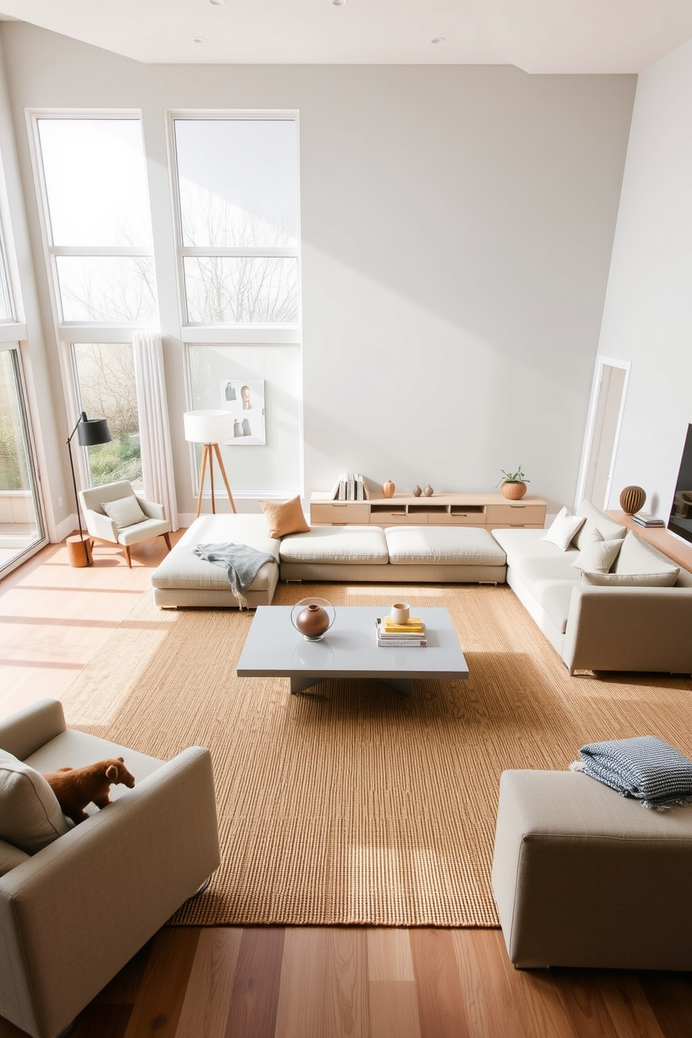 A minimalist family room featuring a spacious layout with a large sectional sofa positioned to face a sleek, low-profile coffee table. To one side, a cozy reading nook is created with a comfortable armchair and a floor lamp, while a minimalist entertainment unit sits against the opposite wall. The color palette consists of soft neutrals, with light gray walls and a warm beige area rug anchoring the space. Large windows allow natural light to flood in, enhancing the airy feel, while a few carefully chosen decorative elements add a touch of personality without cluttering the design.