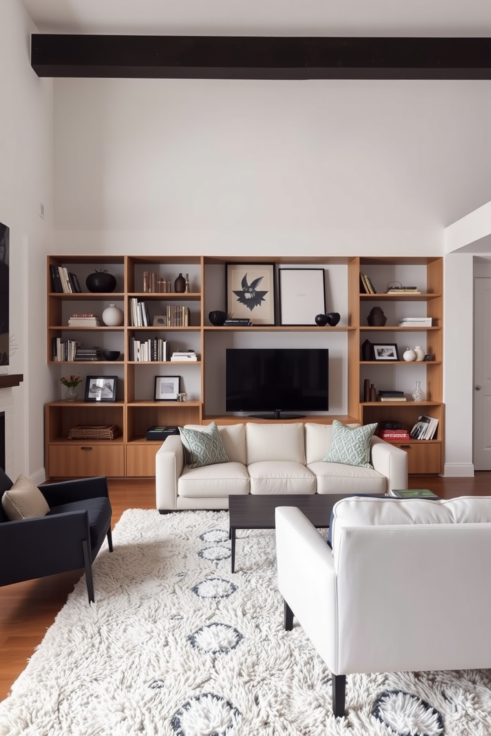 A minimalist family room features open shelving that creates a clutter-free look while showcasing carefully selected decor items. The walls are painted in a light neutral tone, and a plush area rug anchors the seating area, which includes a sleek sofa and a pair of modern armchairs.