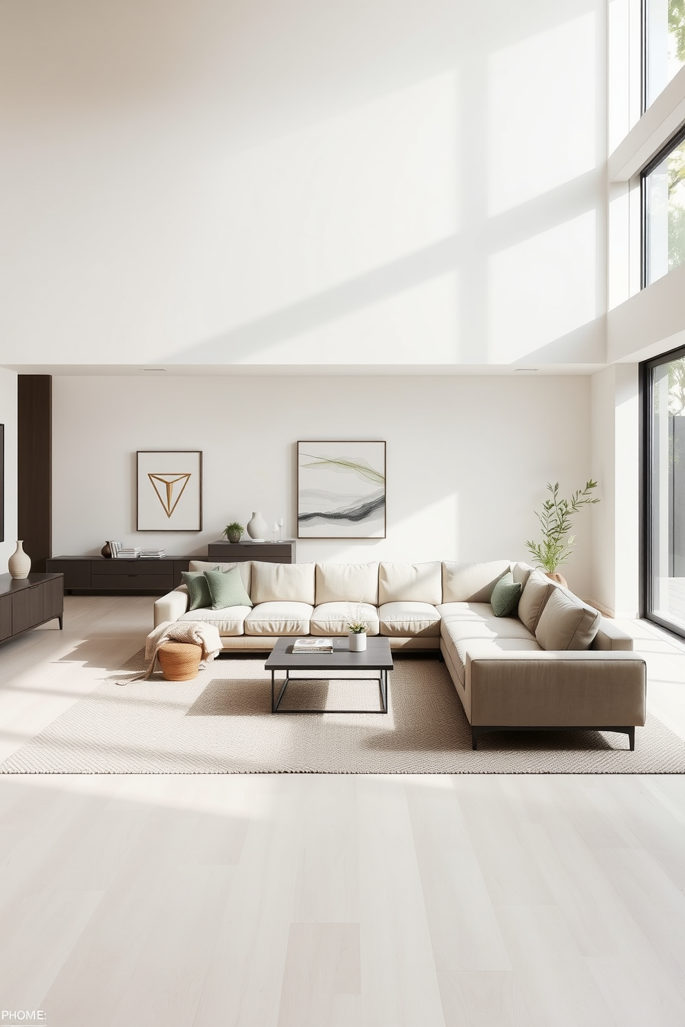 A minimalist family room design features an open layout that emphasizes spaciousness and comfort. The room showcases a large, neutral-colored sectional sofa positioned around a simple coffee table, with ample natural light streaming in through expansive windows. The walls are adorned with subtle artwork that complements the overall color scheme, creating a serene atmosphere. A soft area rug anchors the seating area, while sleek shelving units display curated decor items without cluttering the space.