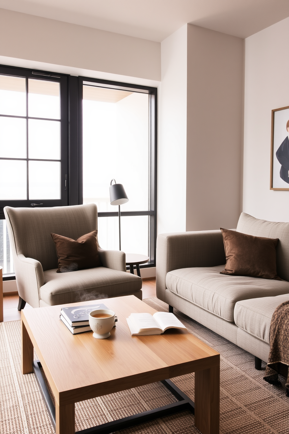 A cozy reading nook with a plush armchair upholstered in soft fabric is positioned next to a large window that allows natural light to flood the space. A small side table holds a steaming cup of tea and a stack of well-loved books, creating an inviting atmosphere for relaxation. The minimalist family room features a neutral color palette with a sleek sectional sofa and a simple coffee table made of light wood. Large, unadorned windows provide an open feel, while a single piece of abstract art hangs on the wall, adding a touch of personality without cluttering the space.