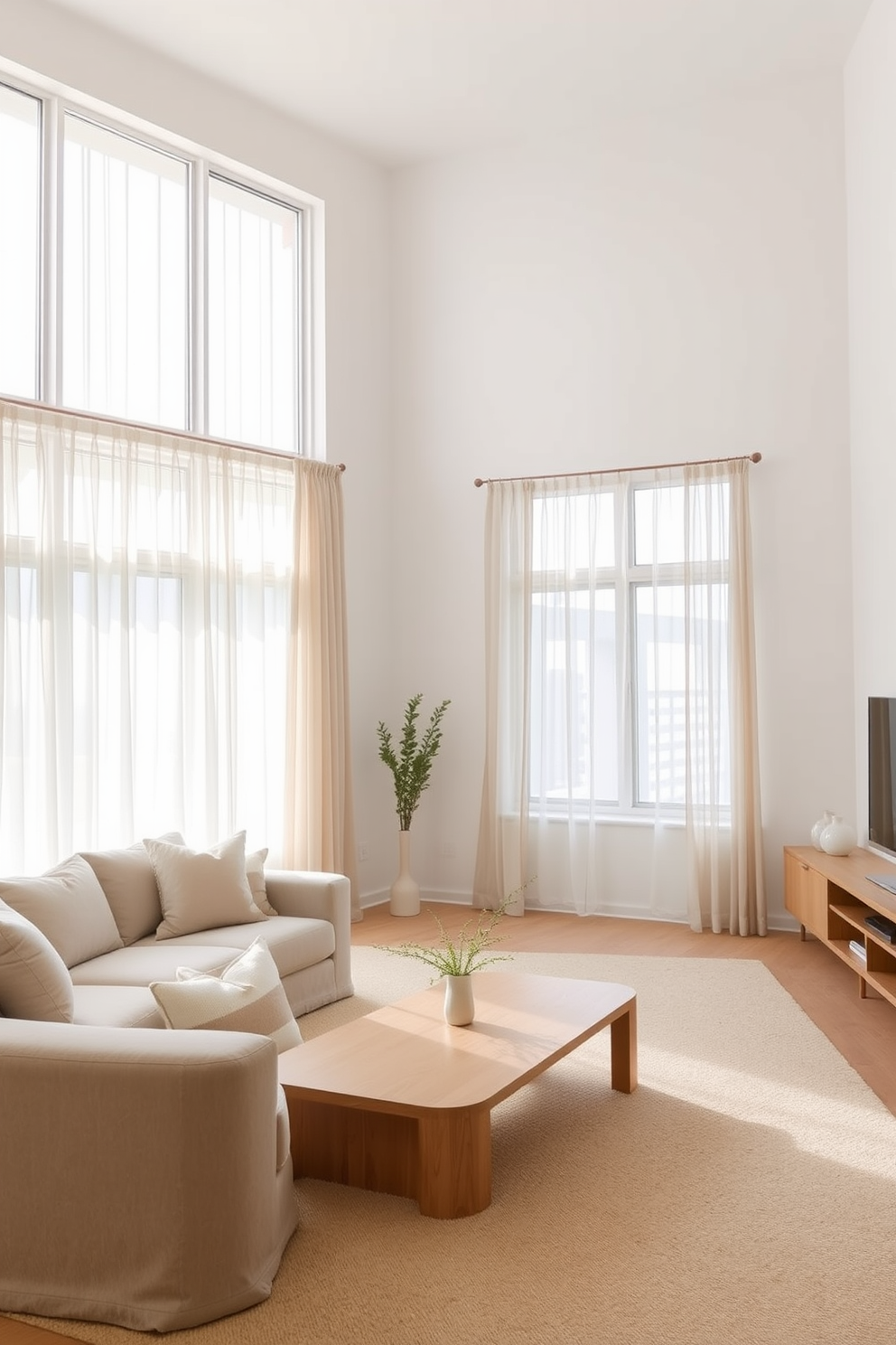 A minimalist family room features a neutral color palette with soft textures. The space includes a low-profile sectional sofa adorned with a few accent pillows and a sleek coffee table made of light wood. Large windows allow natural light to flood the room, dressed with simple sheer curtains that provide privacy without overwhelming the design. A low media console sits against the wall, complemented by a few carefully selected decorative items for a clean, uncluttered look.