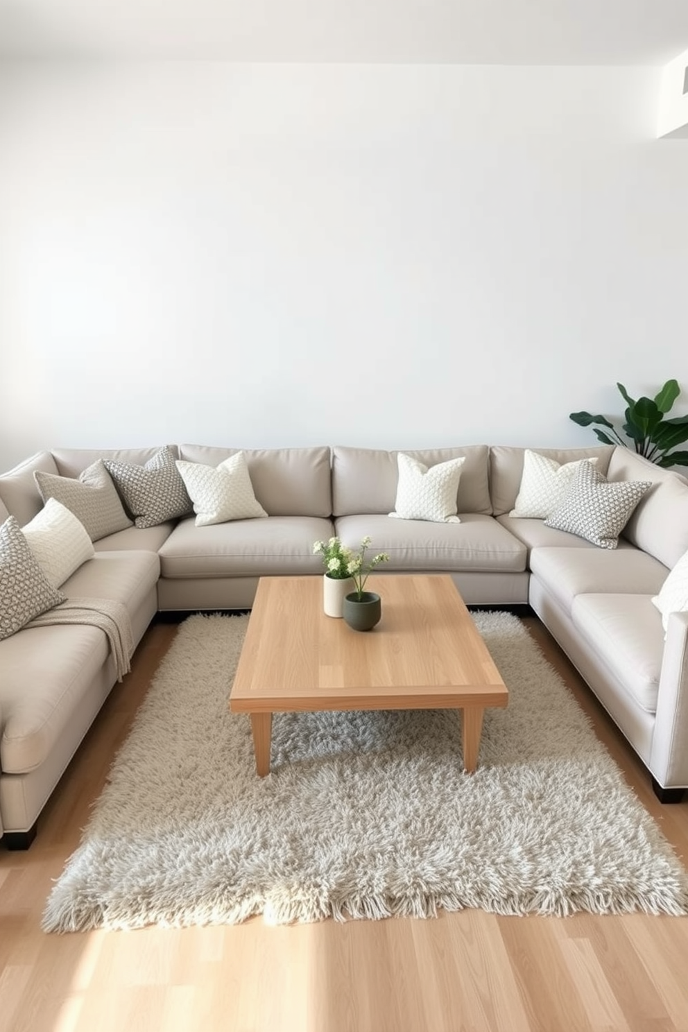 A minimalist family room featuring a large sectional sofa adorned with textured cushions for added comfort. The walls are painted in a soft white hue, and a light wood coffee table sits in the center, complemented by a plush area rug underneath.