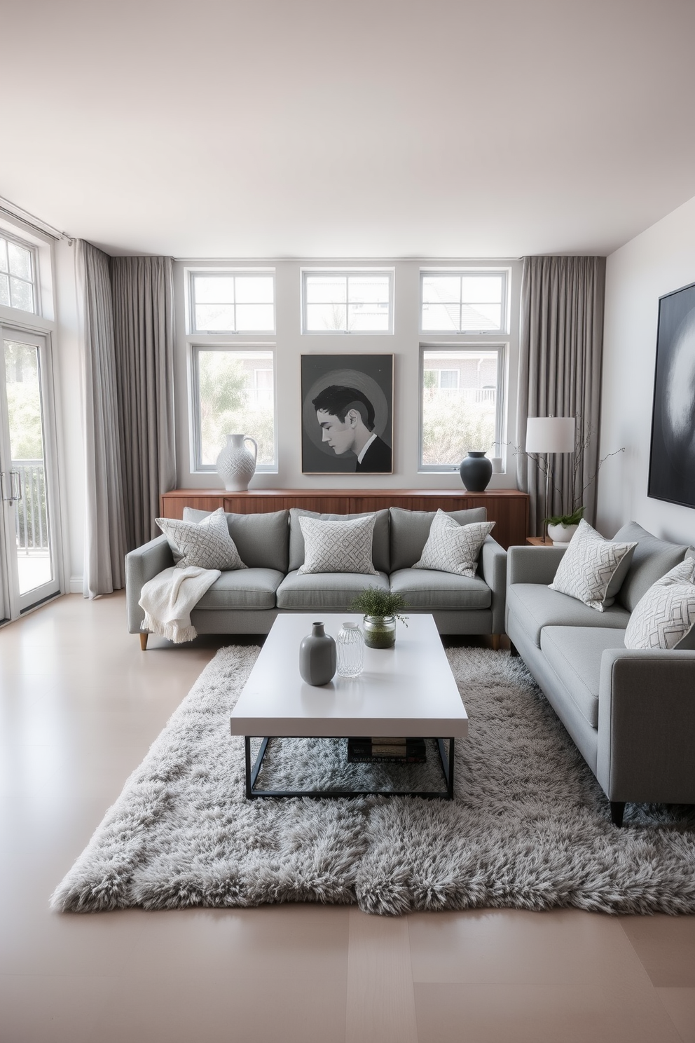 A serene family room featuring a monochromatic color scheme with varying shades of gray. The space includes a sleek gray sofa adorned with textured throw pillows, complemented by a minimalist coffee table in a matching hue. Large windows allow natural light to flood the room, highlighting the subtle differences in tones. A plush area rug in a lighter gray anchors the seating area, while minimalist artwork in dark gray tones adorns the walls.