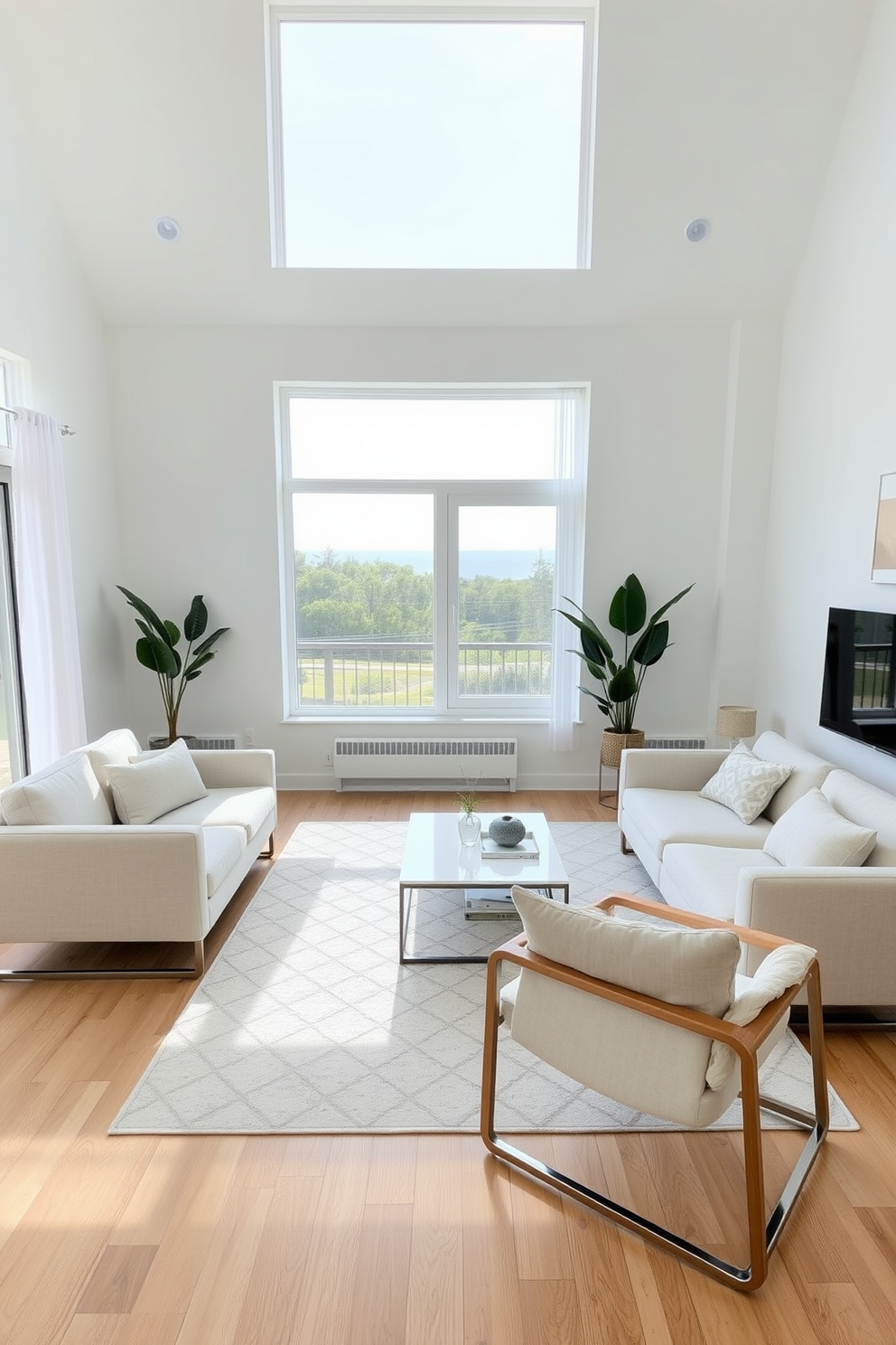 A minimalist family room featuring lightweight furniture that allows for easy rearrangement. The space includes a low-profile sofa, a sleek coffee table, and stackable chairs, all in neutral tones to create a serene atmosphere. Large windows let in natural light, enhancing the airy feel of the room. Soft textiles like a light area rug and throw pillows add warmth without cluttering the design.